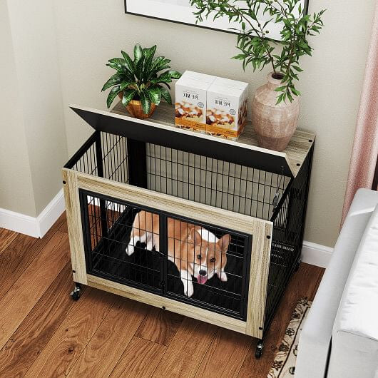 Industrial Dog Kennel with Flip-up Top 3 Lockable Doors and Removable Tray-Rustic Brown-6