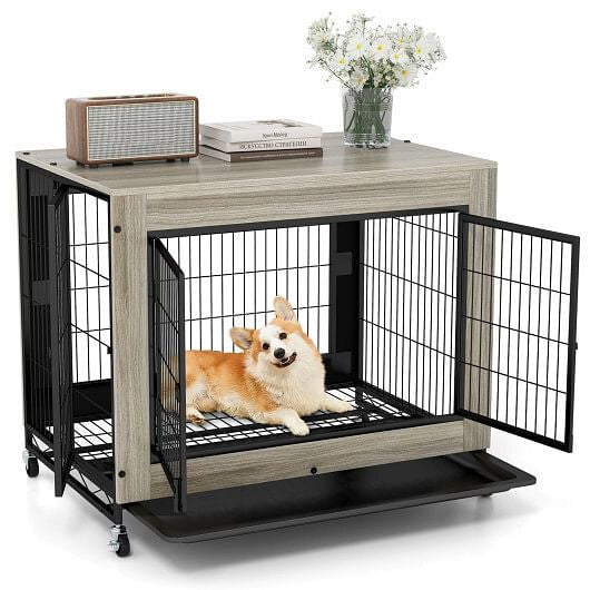 Industrial Dog Kennel with Flip-up Top 3 Lockable Doors and Removable Tray-Rustic Brown-7
