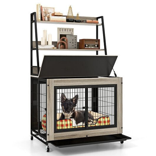 Industrial Dog Kennel Dog Crate Furniture with Storage Shelves-Rustic Brown-7