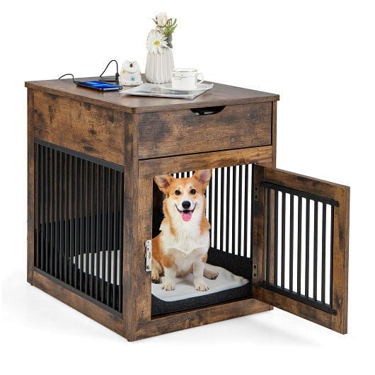 2-In-1 Dog House with Drawer and Wired Wireless Charging-Rustic Brown-0