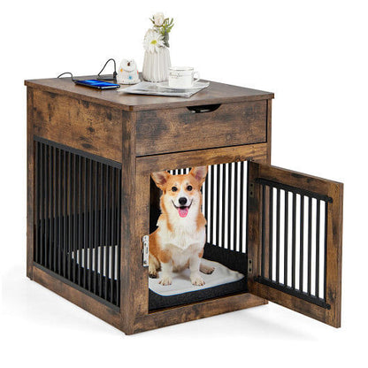 2-In-1 Dog House with Drawer and Wired Wireless Charging-Rustic Brown-0