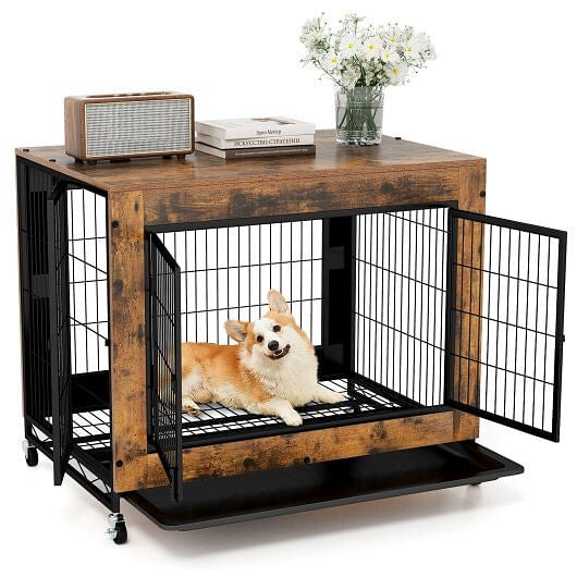 Industrial Dog Kennel with Flip-up Top 3 Lockable Doors and Removable Tray-Rustic Brown-2