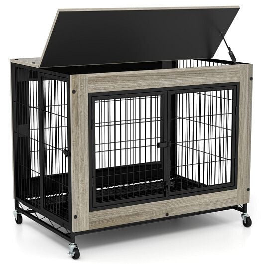 Industrial Dog Kennel with Flip-up Top 3 Lockable Doors and Removable Tray-Rustic Brown-4