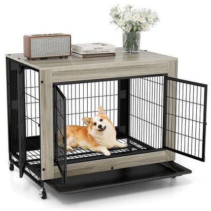 Industrial Dog Kennel with Flip-up Top 3 Lockable Doors and Removable Tray-Rustic Brown-7