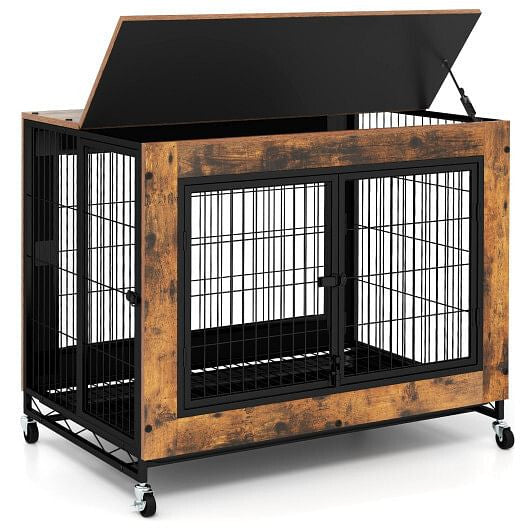 Industrial Dog Kennel with Flip-up Top 3 Lockable Doors and Removable Tray-Rustic Brown-9