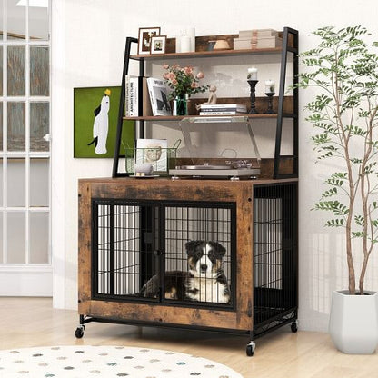 Industrial Dog Kennel Dog Crate Furniture with Storage Shelves-Rustic Brown-0