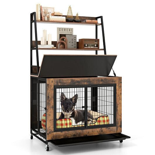 Industrial Dog Kennel Dog Crate Furniture with Storage Shelves-Rustic Brown-2