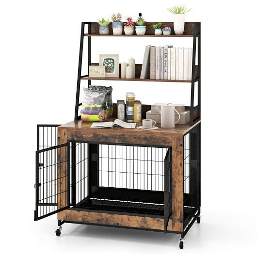 Industrial Dog Kennel Dog Crate Furniture with Storage Shelves-Rustic Brown-9