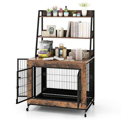 Industrial Dog Kennel Dog Crate Furniture with Storage Shelves-Rustic Brown-9